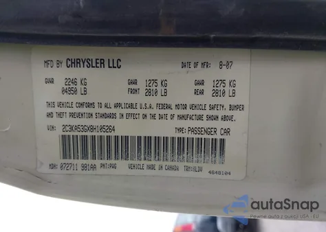 2008 Chrysler 300 Touring z USA, uszkodzony, nr VIN 2C3KA53GX8H105264